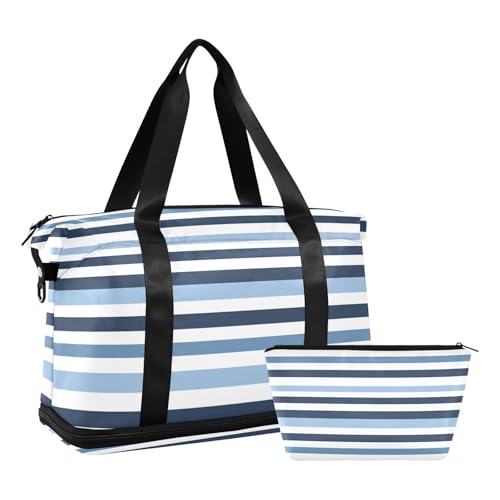 ALAZA Vintage Blue White Stripes Gym Bag Sports Duffel Bag with Shoes Compartment, Overnight Weekender Travel Tote Bag for Women Men Trip College