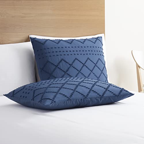 Image of Nestl Boho Bedding Queen - Navy Textured Duvet Cover Set, 3 Piece Tufted Boho Duvet with Zipper Closure, 90x90 Inches and 2 Pillow Shams