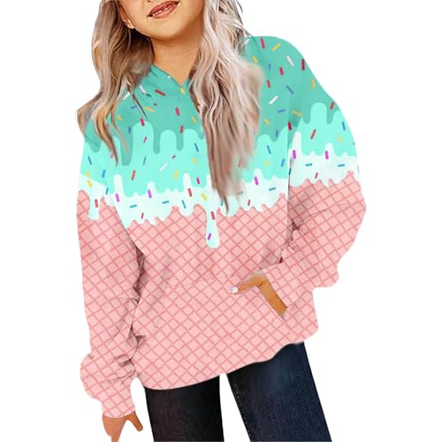 Ice Cream Hoodies for Teen Girls Cute Preppy Ice Cream Drip Sweatshirts Pocket Oversized Long Sleeve Pullover Tops 2-12 Years2