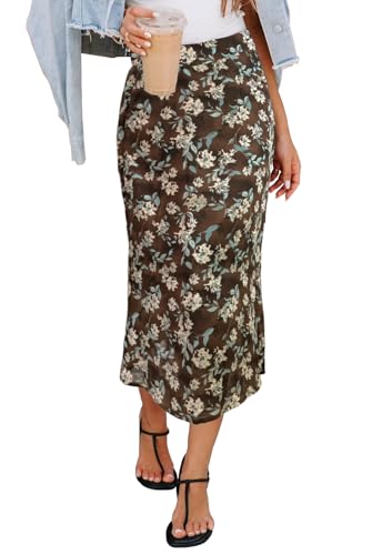 Image of HERBATOMIA Women's Floral Print Midi Skirt Casual High Elastic Waist Zipper Vintage Long Boho Skirts for Women