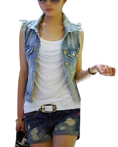 Mujer Corto Casual Solapa Chaleco Vaquero Sin Manga Chaqueta Vaquera Azul S Cover