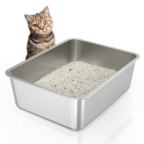 WENBOKMIN Edelstahl-Katzenklo, 15 cm große Katzentoilette für Katzen und Kaninchen, Metall-Katzenklo mit hohen Seitenwän...