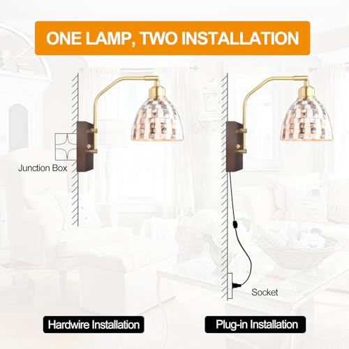 Image of Brass Natural Wood Wall Sconce with Shell Shade, Includes LED Bulb & Remote