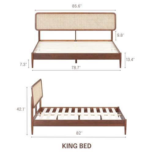 Image of NTC Lupin Wooden Bed Frame with Headboard and Natural Rattan, Solid Oak /Rubber Wood Foundation with Silent Slats, 1000 Lb Capacity, Effortless Assembly (Natural Cane - Dark Walnut, King)