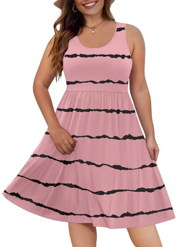 Image of DB MOON Womens 2026 Plus Size Tank Dresses Sleeveless Knee Length Sundress with Pockets 4XL Stripes Red Bean Paste