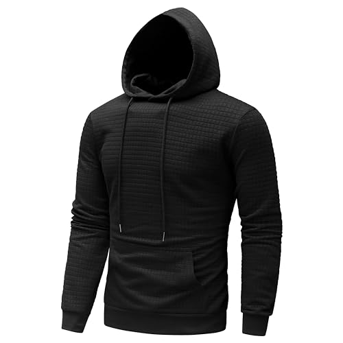 WUWWUT Men's Pullover Hoodie Plaid Jacquard Hooded Sweatshirt Long Sleeve Drawstring Casual Hoodies with Pocket Black