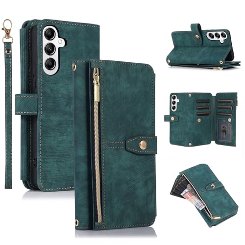 UEEBAI Wallet Case for Samsung Galaxy S24/S25 5G, 9 Card Holder Slots Zipper Pocket Handbag Case Magnetic Closure Kickstand with Wrist Strap TPU Shockproof Flip Case for Women - Retro Green