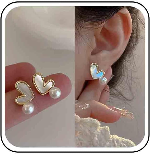 Vintage Pearl Shell Heart Earrings Enamel Heart Stud Earrings Gold Pearl Earrings Pearl Heart Earrings Jewelry for Women