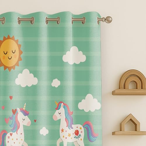 Image of STITCHNEST Velvet Kids Curtains Pack of 2 | Unicorn, Rainbow & Balloon Print | Semi Blackout Curtains for Girls' Room, Nursery & Toddler Bedroom | 7 Feet