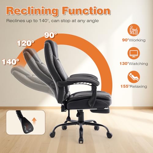 Image of Reclining Ergonomic Office Chair with Footrest, Big Tall Recliner Office Desk Chairs with Lumbar Support, 400lbs Heavy Duty High Back Leather Executive Computer Chair with Wheels, Back Grey