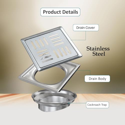 Image of Square Aqua Flow Series 5 Inch Stainless Steel Floor Drain Cover Heavy Duty Rust Resistant Drain Grate for Bathroom Kitchen Balcony Shower - 5 Inches