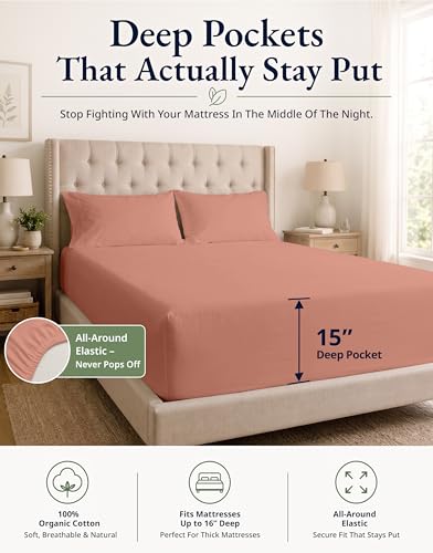 Image of LANE LINEN 100% Organic Cotton Queen Size Fitted Sheet Only (+Pillowcases) 3-Piece Set Soft & Comfy Hotel Style Percale Weave Fully Elasticized Deep Pocket Queen Fitted 15 inch Deep - Rose Dawn