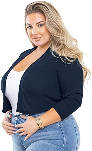 AusLook Bolero Plus Size Short Cardigans for Women 3/4 Sleeve Navy Blue 3X Lightweight Open Front Knit Tops Cropped Bolero Shrug Sweater Coat for Evening dresses