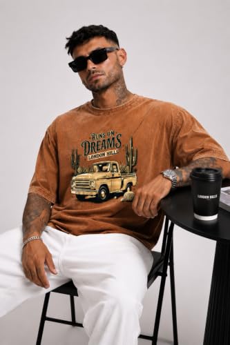 Image of London Hills Men's Oversized t Shirt for Men Graphic T-Shirt | Acid Wash Printed Men T-Shirts | Tshirt for man Round Neck Half Sleeve Pure Cotton Casual Mens tees | Off Shoulder Tshirt Shirts man