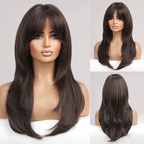 Alanhair Long Dark Brown Wigs for Women,HAIRCUBE Layered Wigs with Bangs Synthetic Wigs Heat Resistant