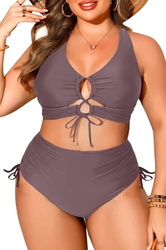Brown Women Plus Size Two Piece Swimsuit - Tummy Control Bikini Sexy Lace Up Bathing Suits Cutout Swimwear 2025 16 Plus