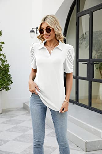 Renmingbi Women's Puff Sleeve Collared Polo Shirt V Neck Tunic Blouses Tops Office Work T-Shirt White M #TOP1