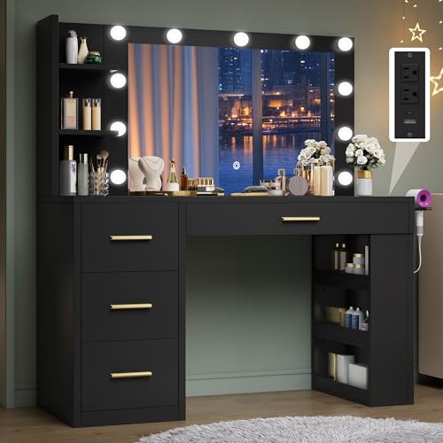 DWVO Vanity Desk with Mirror, Large Makeup Table with Power Outlets, 11 LED Bulbs, 3 Adjustable Light Modes, 4 Drawers and Built-in Shelves, Hollywood Dressing Vanity Desk Set for Bedroom, Black