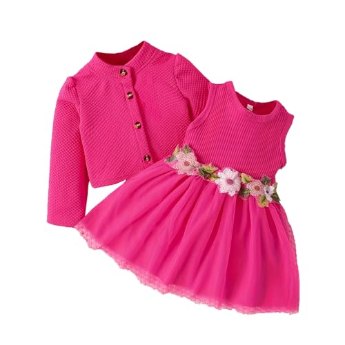 Toddler Baby Girls Dress and Cardigan Sets 2Pcs Floral Sleeveless Tulle Dresses Long Sleeve Button Bolero Shrug Outfits (Hot Pink, 3-6 Months)