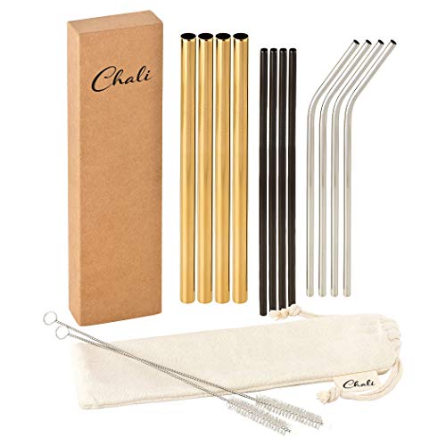 Chali® 12x Pajitas Reutilizables Acero Inoxidable, Cañitas para Beber aptas Lavavajillas 21,5cm Incl. 2X Cepillo de Limpieza, Oro ø12mm Negro Plata ø6mm