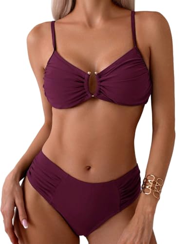 Tainehs Two Piece Swimsuits for Women Spaghetti Strap Bikini Sets Ruched V Neck Mid Rise Back Hook Bathing Suit Wine Red