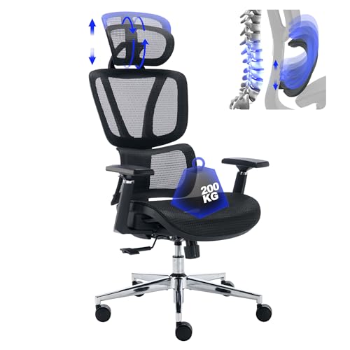 BRTHORY Silla de Oficina Ergonómica de Escritorio, Malla Transpirable, con Soporte Lumbar Ajustable/Reposabrazos 3D/Reposacabezas, Función de Balanceo/Regulable en Altura, Carga de 200 kg, Negro