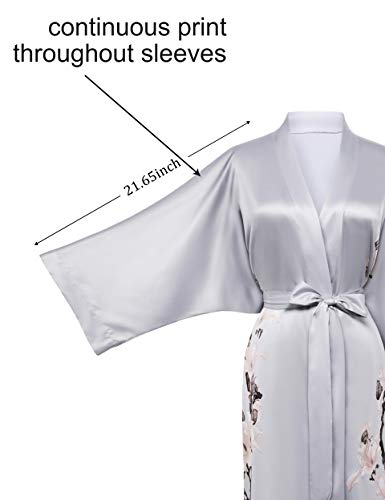 Babeyond Kimono Robe Cover Up Long Floral Satin Sleepwear Silky Bathrobe Bachelorette Robe (Gray) #TOP2