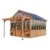 Backyard discovery bellerose xl 13 x 11 cedar wood and polycarbonate walk in greenhouse kit with pergola exhaust fan windows hose hook ups powerport staging shelves for outdoor gardening  urban country home decor