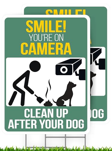 Clean Up After Your Dog Signs Pack of 2 with Stakes - 9 x 12 Outdoor Pet Waste Reminder Signs - Polite No Dog Poop Message with High-Visibility Easy-to-Read for Front Yard Garden Walkway