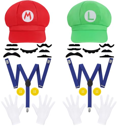 Double Set Plumber Costume for Adults Retro Game Inspired Duo Outfit Red Green Hats Gloves...