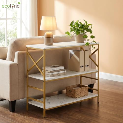 Image of ecofynd 35 Inch 3 Tier Console Table, Metal with Engineered Wooden top for Long Narrow Hallway, Entryway, Living Room, Dining Room, Office, Home Side Table Storage Shelves (WHTGO, CT003)