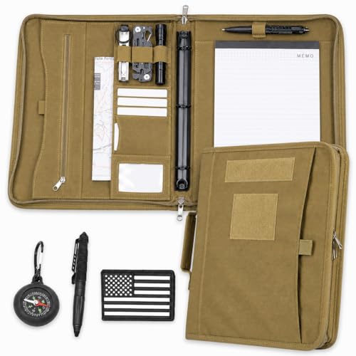 Padfolio Binder with Detachable 3-Ring Binder Tactical Notebook Cover with Zipper Multi-Pocket Portfolio Organizer with Handle Letter Size Paper Pen and Compass for Field Work School