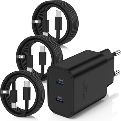 Cargador 2-Port USB C Carga Rapida para Samsung Galaxy S24/S25/S23 Ultra,Cargador Samsung con Cable USB C de 2M+2M+1M,Carga Rapido Enchufe Tipo C Cabezal para S22/S21/S20 Ultra/Note 20/10
