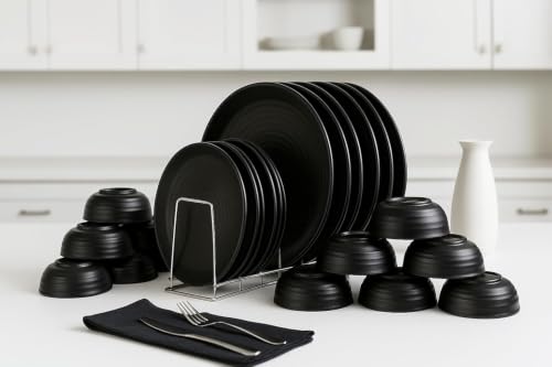 Image of WINK CUTLERY'S 24 Pcs Dinner Set for Family - 6 Dinner Plates, 6 Snack Plates & 12 Bowls | Unbreakable Plastic Dinnerware Set | Dishwasher Safe, Lightweight & Durable Dining Set (Black)