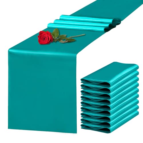Yblut 10 Pack Satin Table Runner 12 x 108 Inch Long Peacock Blue Silk Table Runner for Wedding Party Banquet Birthday Decoration