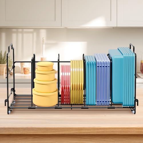 Cyiecw Lid Organizer with 4 Adjustable Dividers, Full Metal Kitchen Organiser Storage Rack for Kitchen Cabinets, Drawers, Cupboards, Black - Image 6