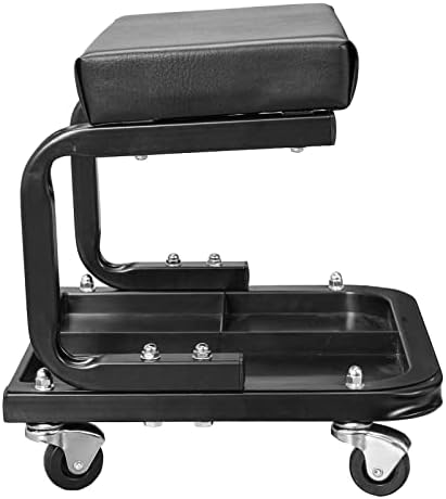 HXZG Rolling Garage Stool, Shop Stool, 120KG Capacity, 3-Inch Casters, WithTool Tray, Padded Seat, Powder Coated Steel Frame, Black