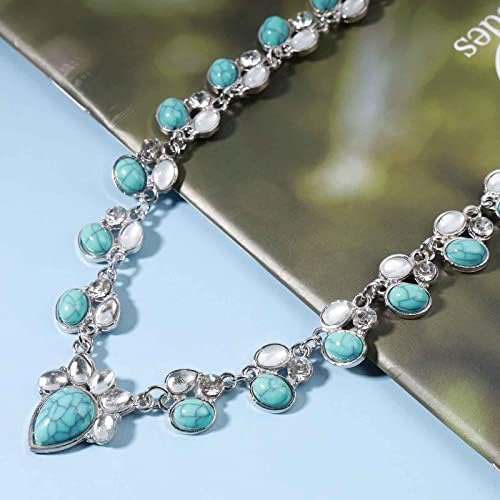 Yheakne Boho Turquoise Moonstone Necklace Silver Opal Moonstone Teardrop Necklace Natural Gemstone Necklace Vintage Statement Necklace Chain Jewelry for Women and Girls (XLF-259-u)