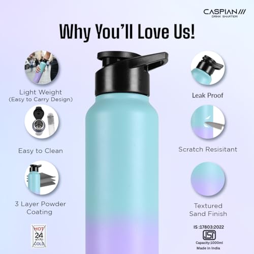 Image of CASPIAN / / / HIke ISI Certified Stainless Steel Water Bottle 1ltr.(Purple & Green, 1 Litre) | Leak Proof Sipper for Fridge Home Office Travel School Kids Boys Girls Adults Sports Gym Gift |BPA Free
