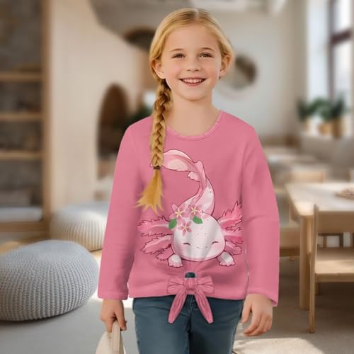 WELLFLYHOM Axolotl Long Sleeve Shirt 5-12T Girls Graphic T-shirt Front Knot Pullover Top Casual Crewneck Tees4