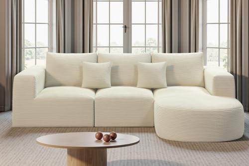 Hawthyhome Sofa mit Schlaffunktion rahmenloses Ecksofa L-Form Couch Installation-Free Cordstoff Ecksofa mit Rechts-Chaiselongue für Wohnzimmer 3 sitzer 264x177x59cm Beige