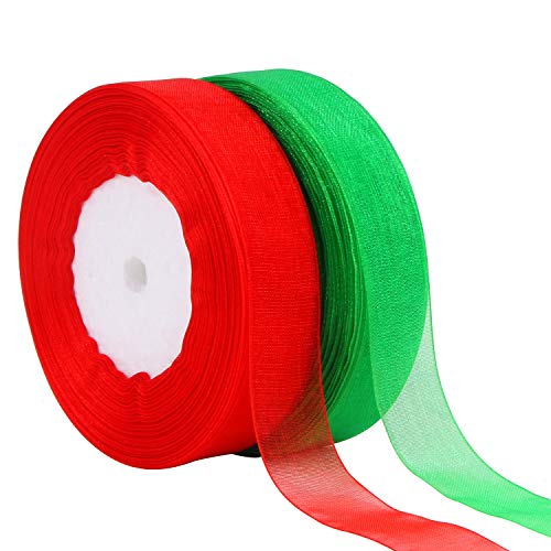 Decyool 2 Rolls 100 Yards Christmas Ribbons Organza Holiday Festival Ribbons 0.8" Wide For Gift Wrapping Decoration, Red & Green #TOP12