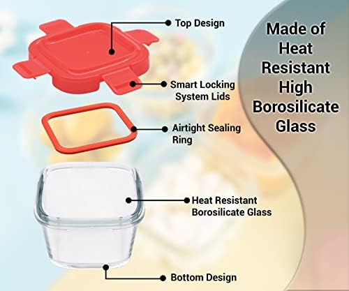 ARSUK Baby Glass Food Storage Containers 6pcs x 150ml Square Airtight BPA-Free Plastic Locking Lids with Silicone Seals for Toddler Foods, Fruit Juices