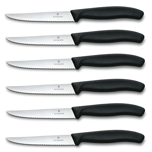 Victorinox, Swiss Classic, Juego de cuchillos profesionales para carne, 6 piezas, hoja muy afilada, filo dentado, 11 cm, mango de plástico, acero inoxidable, negro