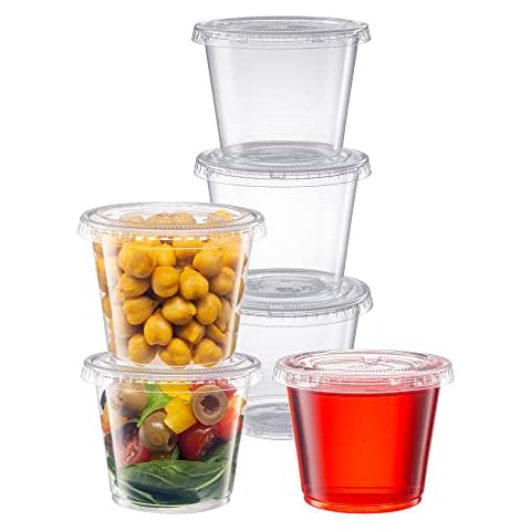 Pantry Value [5.5 oz. - 100 Count Clear Disposable Plastic Portion Cups with Lids - Small Plastic Condiment Containers for Sauce, Salad Dressings & Portion Control Cover
