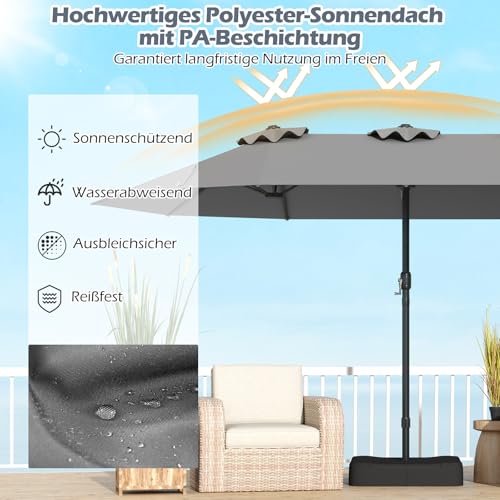COSTWAY Podwójny parasol przeciwsłoneczny ze stojakiem, 443 x 263 cm, duży rozmiar XXL, UPF 50+, parasol ogrodowy z korbą, parasol tarasowy, do ogrodu, na taras i basen (antracytowy)