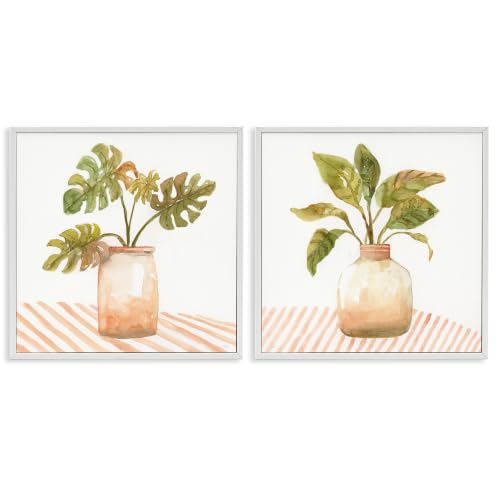 Monstera Leaf Herbal Plant Vase, 12 x 12 Inch Framed Giclée Print Set