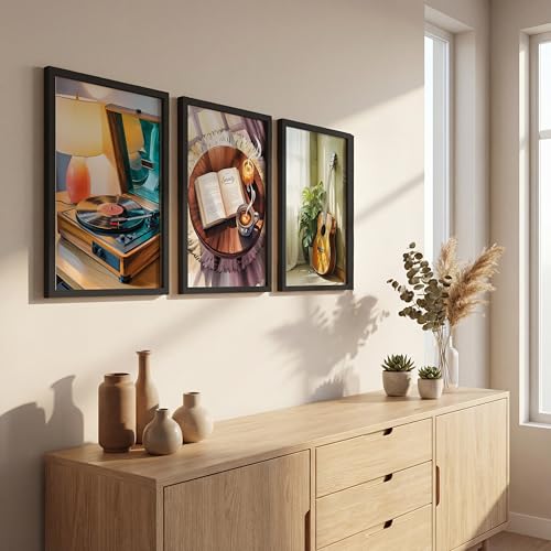 Image of NoWorries Modern Aesthetic Wall Art Framed Painting Set of 3 | Vintage Record Player, Coffee Book & Acoustic Guitar Prints with Frame | Cozy Lifestyle Music Decor Frames for Living Room, Bedroom and Studio, Minimal Contemporary Framed Artwork Ready to Hang (Art-8, 10x13inch, Wooden)