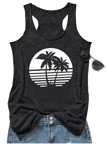 Beach Graphic Tank Tops Women Summer Tops Causal Country O Neck Tee Shirts Sleeveless Racerback Tank Cami Loose Blouse (Dark Gray7, XL)
