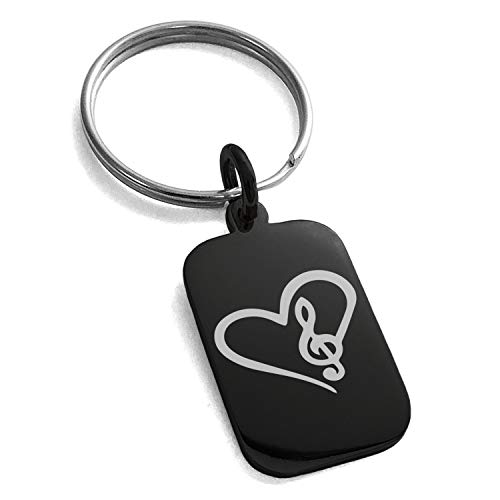 Stainless Steel Love Music Treble Clef Heart Small Rectangle Dog Tag Charm Keychain Keyring